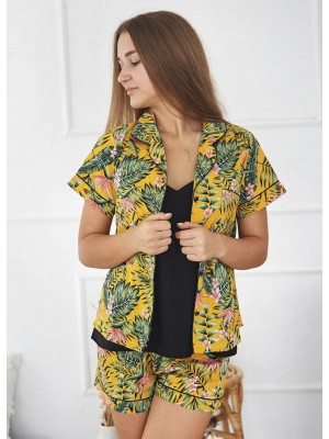 Жіноча шовкова піжама домашній костюм шорти та сорочка з гудзиками 6270-102 Жовті тропіки