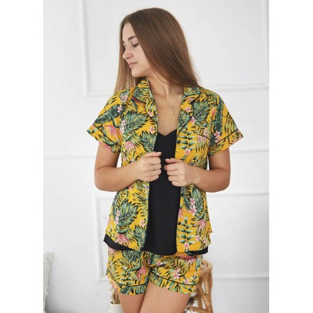 Жіноча шовкова піжама домашній костюм шорти та сорочка з гудзиками 6270-102 Жовті тропіки