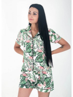 Жіноча шовкова піжама домашній костюм шорти та сорочка з гудзиками 6271-102 Зелені тропіки