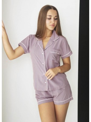 Женская шелковая пижама домашний костюм шорты и рубашка с пуговицами 6277-102 Серая полоска на пудре