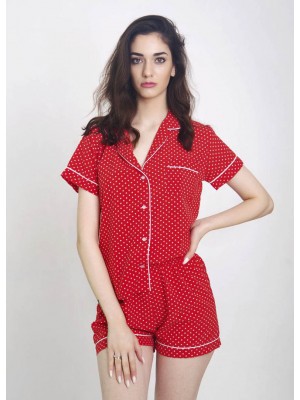 Жіноча шовкова піжама домашній костюм шорти та сорочка з гудзиками 6287-102 Червона в білий горох