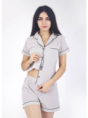 Жіноча шовкова піжама домашній костюм шорти та сорочка з гудзиками 6289-102 Біла в чорний горох