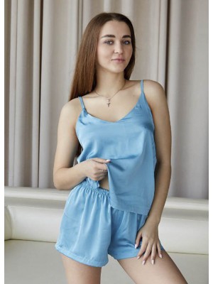Женская шелковая ночнушка пижама комплект двойка шорты и майка 6311-108 Голубая