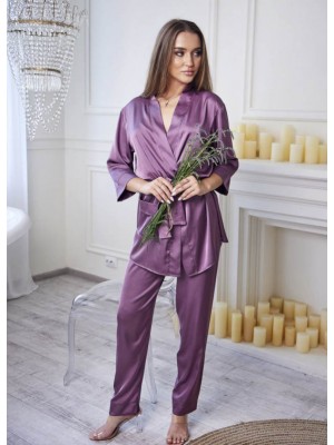Женская шелковая пижама домашний костюм двойка халат на запах и штаны 7319-906 Лаванда