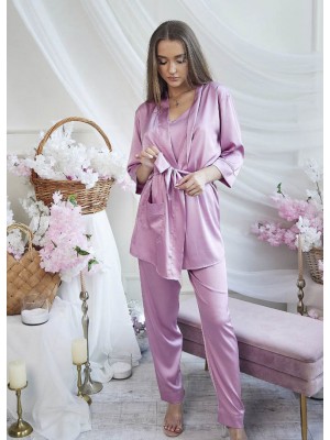 Женская шелковая пижама домашний костюм двойка халат на запах и штаны 7327-906 Розовая пудра