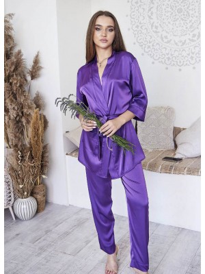 Жіноча шовкова піжама домашній костюм двійка халат на запах та штани 7328-906 Бузкова