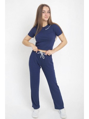 Жіночий літній костюм рубчик футболка з брюками палаццо 3817-610 Синій