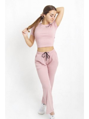 Жіночий літній костюм рубчик футболка з брюками палаццо 3819-610 Рожева пудра