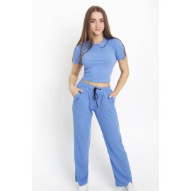 Женский летний костюм рубчик футболка с брюками палаццо 3820-610 Голубой 
