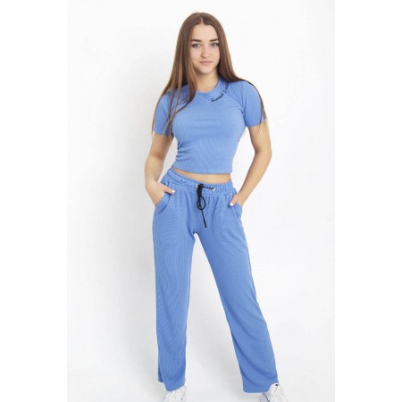 Жіночий літній костюм рубчик футболка з брюками палаццо 3820-610 Блакитний 