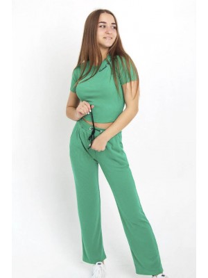 Жіночий літній костюм рубчик футболка з брюками палаццо 3823-610 Зелений