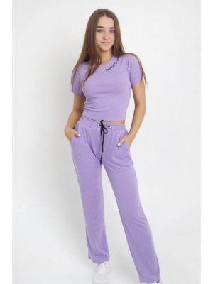 Женский летний костюм рубчик футболка с брюками палаццо 3824-610 Фиолетовый