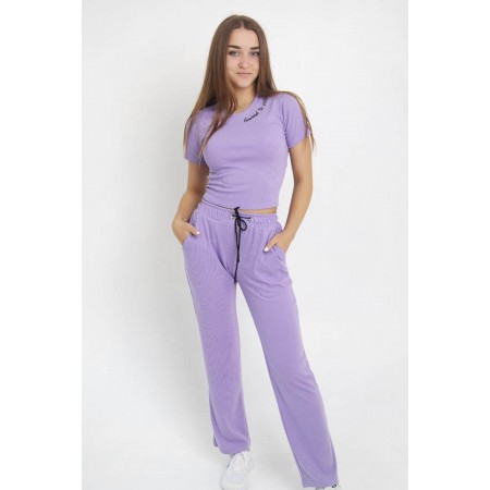 Жіночий літній костюм рубчик футболка з брюками палаццо 3824-610 Фіолетовий