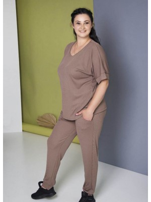 Женский летний костюм рубчик футболка с брюками большого размера батал 6302-615 Капучино