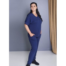 Женский летний костюм рубчик футболка с брюками большого размера батал 6306-615 Синий