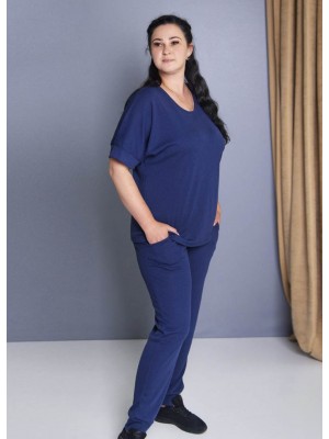 Жіночий літній костюм рубчик футболка зі штанами великого розміру батал 6306-615 Синій