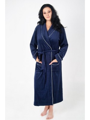 Халат жіночий велюровий довгий без капюшона на запах 2808-714 Синій з кантом