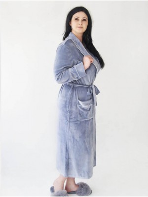 Халат жіночий велюровий довгий без капюшона на запах 3813-714 Сірий з кантом