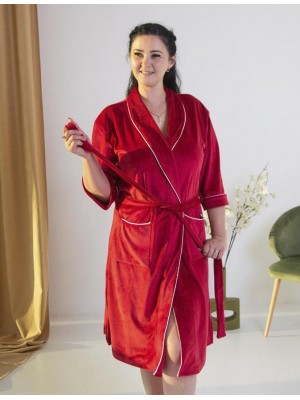 Халат женский велюровый средней длины на запах 5325-704 Красный с белым кантом