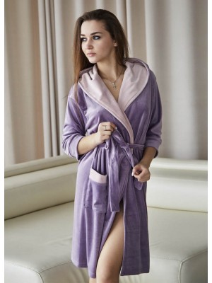 Халат женский велюровый средней длины с капюшоном на запах 6321-703 Фиолетовый