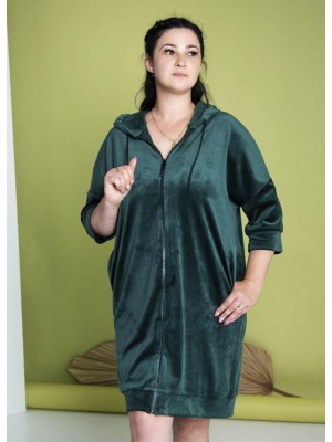 Жіночий велюровий халат на блискавці середньої довжини з капюшоном 6324-706 Смарагд