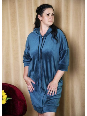 Жіночий велюровий халат на блискавці середньої довжини з капюшоном 6325-706 Бірюзовий