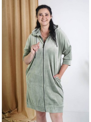 Женский велюровый халат на молнии средней длины с капюшоном 6327-706 Фисташка