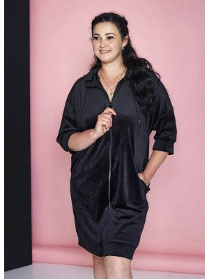 Женский велюровый халат на молнии средней длины с капюшоном 6330-706 Черный