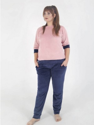 Жіночий велюровий костюм великого розміру батал 5181-613 Штани сині, кофта рожева