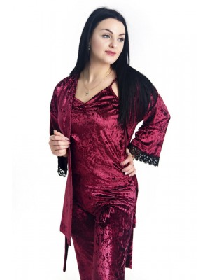 Жіночий велюровий костюм піжама трійка: халат, штани та майка бордовий 2829