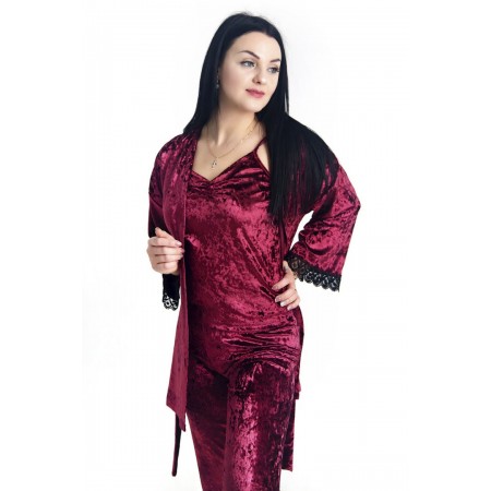 Женский велюровый костюм пижама тройка: халат, штаны и майка 2829-900 Бордовый