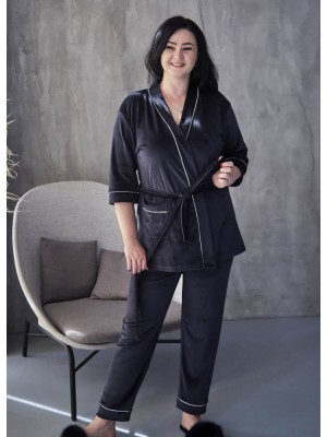 Піжама жіноча велюрова домашній костюм штани з халатом чорний 2836
