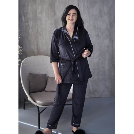 Піжама жіноча велюрова домашній костюм штани з халатом 2836-901 Чорна