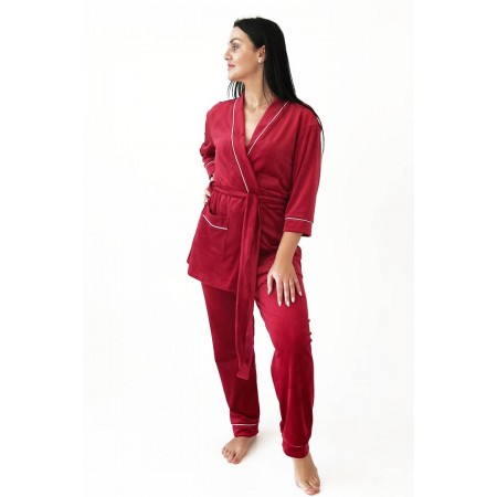 Піжама жіноча велюрова домашній костюм штани з халатом 2846-901 Гранат