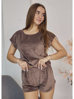 Літня жіноча велюрова піжама домашній костюм шорти та футболка 6074 Шоколад