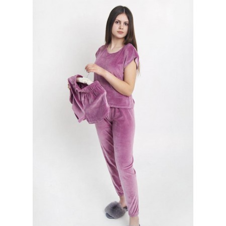 Комплект жіноча велюрова піжама домашній костюм трійка: футболка, шорти та джогери 6077-804-3 Фуксія