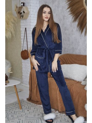 Піжама жіноча велюрова домашній костюм штани з халатом 6234-901 Королівський синій