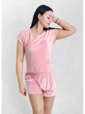 Летняя женская велюровая пижама домашний костюм шорты и футболка 6237-804 Персиковый