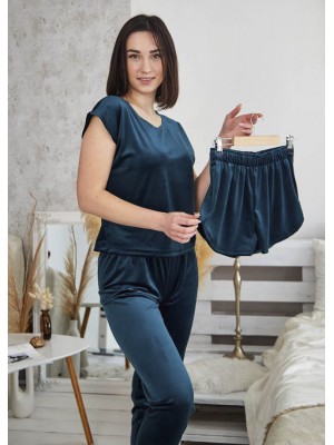 Комплект женская велюровая пижама домашний костюм тройка: футболка, шорты и джогеры 6238-804-3 Изумруд