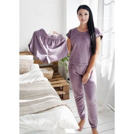 Комплект женская велюровая пижама домашний костюм тройка: футболка, шорты и джогеры 6240-804-3 Лаванда