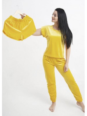 Комплект женская велюровая пижама домашний костюм тройка: футболка, шорты и джогеры 6241-804-3 Желтая