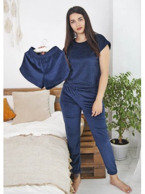 Комплект жіноча велюрова піжама домашній костюм трійка: футболка, шорти та джогери 6242-804-3 Синя