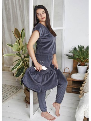 Комплект жіноча велюрова піжама домашній костюм трійка: футболка, шорти та джогери 6243-804-3 Графіт