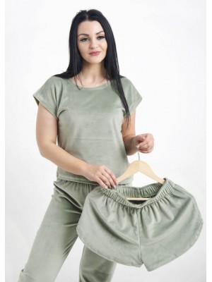 Комплект жіноча велюрова піжама домашній костюм трійка: футболка, шорти та джогери 6246-804-3 Фісташка