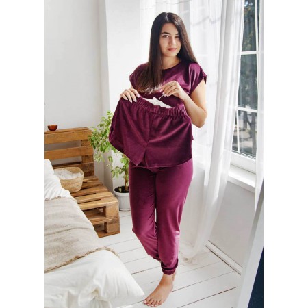 Комплект жіноча велюрова піжама домашній костюм трійка: футболка, шорти та джогери 6249-804-3 Марсал