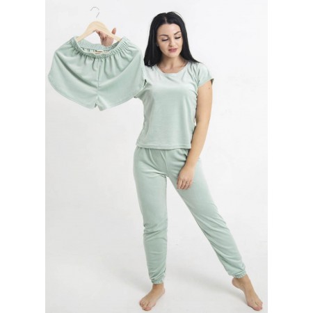 Комплект жіноча велюрова піжама домашній костюм трійка: футболка, шорти та джогери 6250-804-3 М'ята