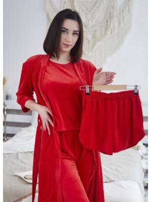 Комплект жіноча велюрова піжама домашній костюм трійка: футболка, шорти та джогери 6251-804-3 Червона