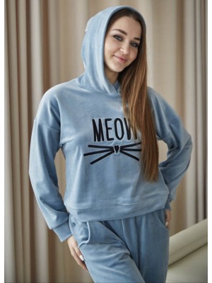 Жіноча велюрова піжама домашній костюм MEOW двійка кофта і штани 7337-911 Блакитна