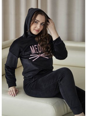 Жіноча велюрова піжама домашній костюм MEOW двійка кофта і штани 7338-911 Чорна