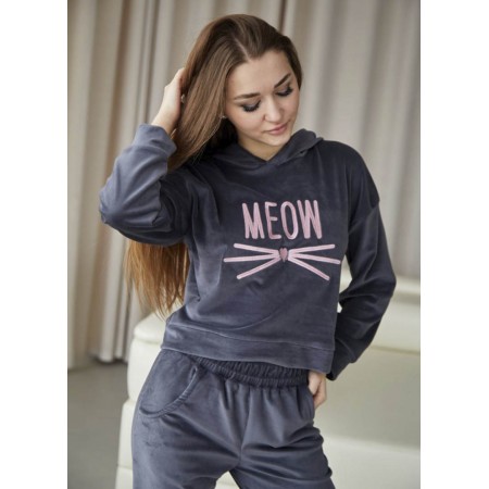 Жіноча велюрова піжама домашній костюм MEOW двійка кофта і штани 7339-911 Графіт